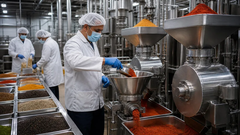 Production floor: food manufacturing team at work