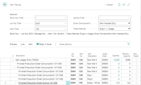 Lot tracking for raw material consumption